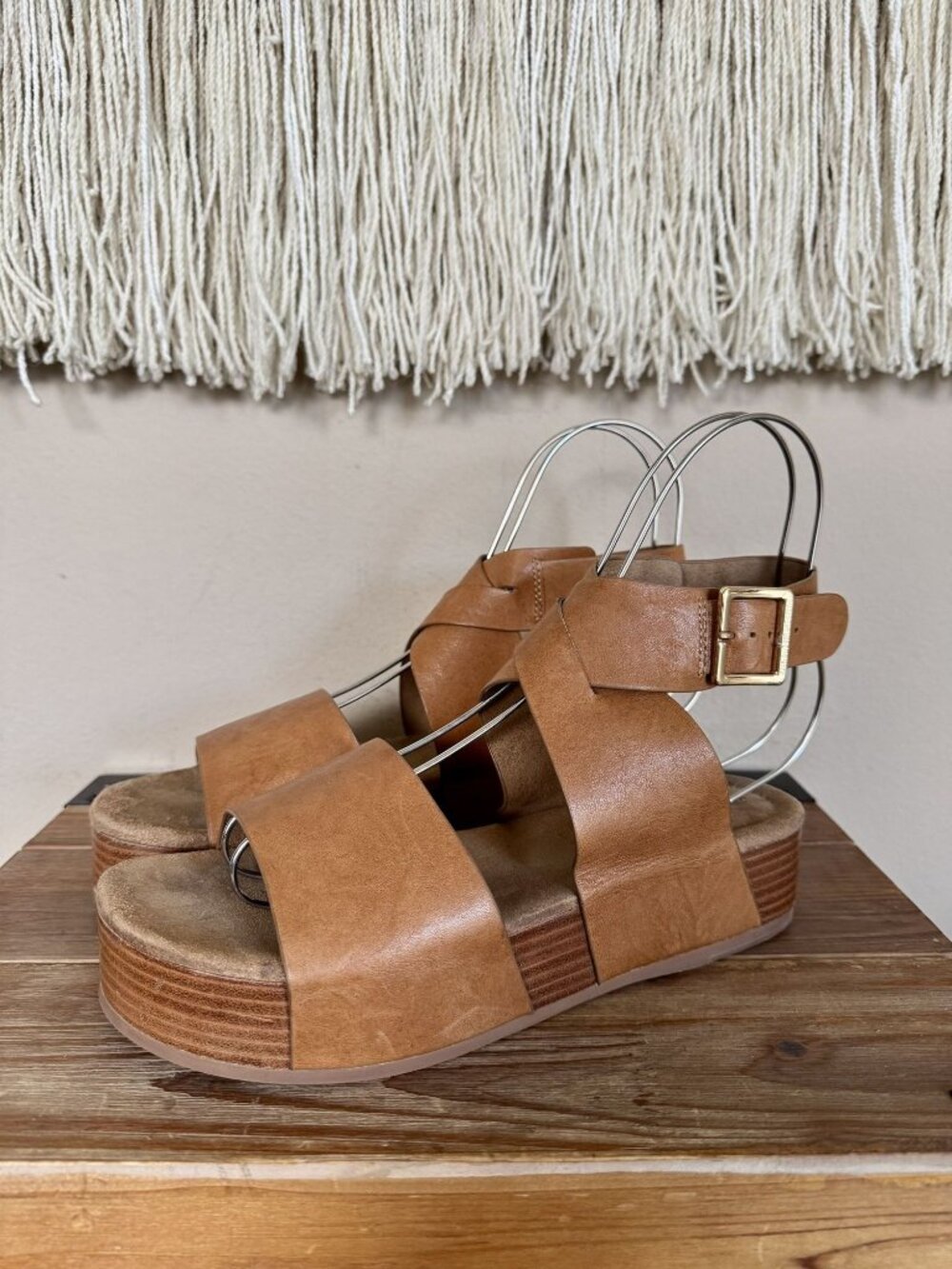 Kelsi Dagger Dunes Leather Brown Peanut Ankle Wrap Platform‎ Sandals Size 8.5